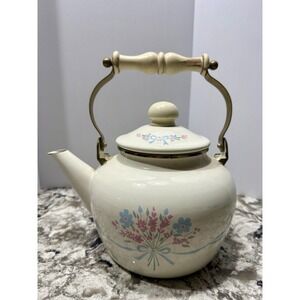 Vintage Off White Floral Enamel Tea Kettle Wood Knob/Handle Brass